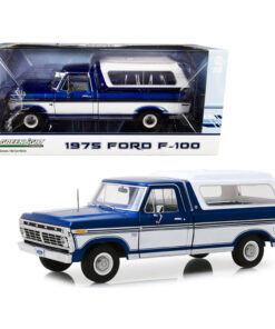 1975 Ford F-100 Ranger Pickup Truck with Deluxe Box Cover Midnight Blue Metallic and Wimbledon White 1/18 Diecast Model Car by Greenlight 13544