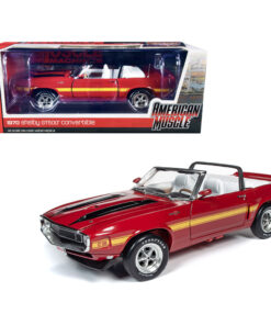 1970 Ford Mustang Shelby GT500 Convertible Candy Apple Red with Black and Yellow Stripes Hemmings Muscle Machines Magazine Cover Car (July 2010) 1/18 Diecast Model Car by Autoworld AMM1187