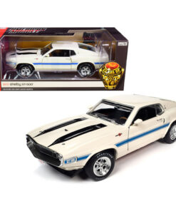 1970 Shelby GT-500 428 Cobra Jet Wimbledon White with Blue and Black Stripes Class of 1970 1/18 Diecast Model Car by Autoworld AMM1229