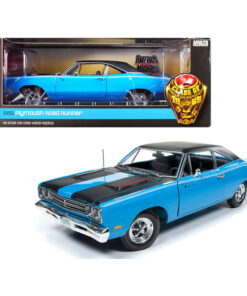 1969 Plymouth Road Runner Hardtop Petty Blue with Black Top and Black Stripes Looney Tunes Class of 1969 1/18 Diecast Model Car by Autoworld AMM1184